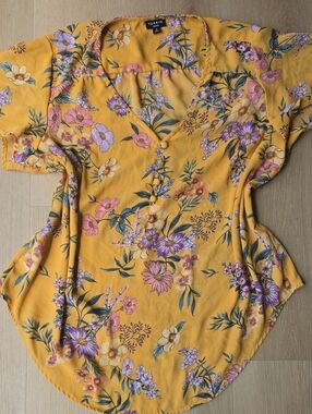 torrid Mustard Floral V-Neck Blouse with Pink & Purple Blooms